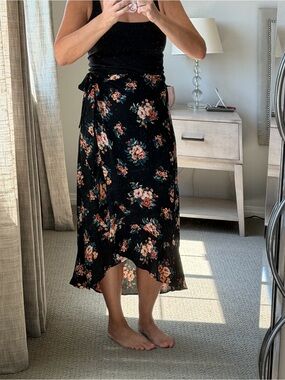 Xhilaration Black Floral Wrap Midi Skirt with High-Low Hem